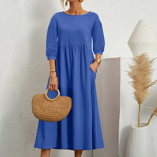 A-Line White Midi Dress for Women with Stylish Patchwork Details and Loose Fit