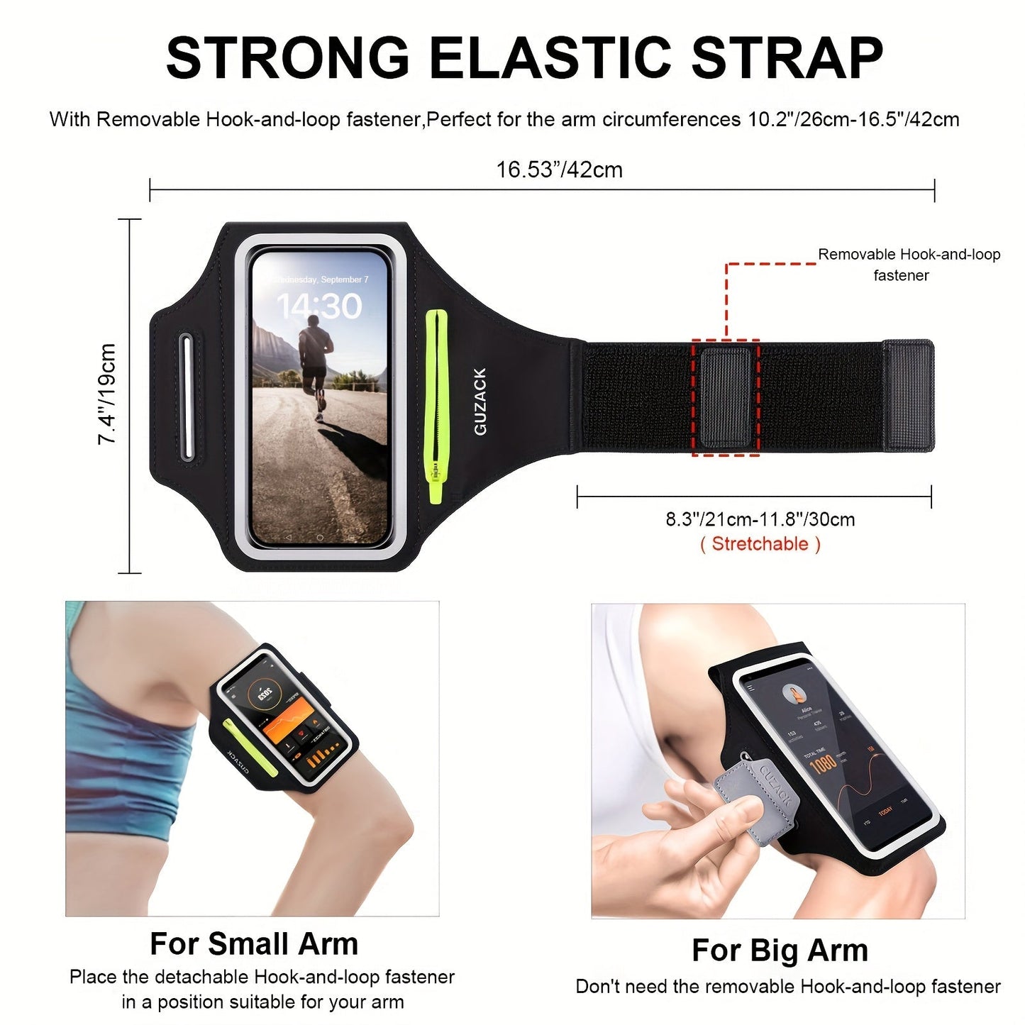 Adjustable Running Phone Holder with Earphone Compartment – Fits Arm Sizes 26-42 cm, Compatible with iPhone and Galaxy