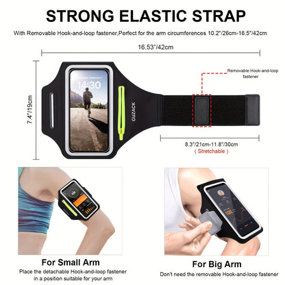 Adjustable Running Phone Holder with Earphone Compartment – Fits Arm Sizes 26-42 cm, Compatible with iPhone and Galaxy