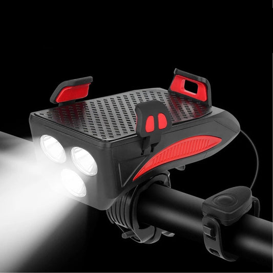 4-in-1 Rechargeable Bike Lights with Powerbank, Phone Holder, and Electronic Horn – LED Safety Lamp for Bicycles
