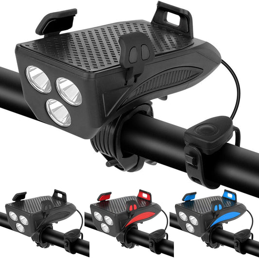 4-in-1 Rechargeable Bike Lights with Powerbank, Phone Holder, and Electronic Horn – LED Safety Lamp for Bicycles