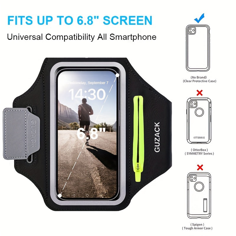 Adjustable Running Phone Holder with Earphone Compartment – Fits Arm Sizes 26-42 cm, Compatible with iPhone and Galaxy